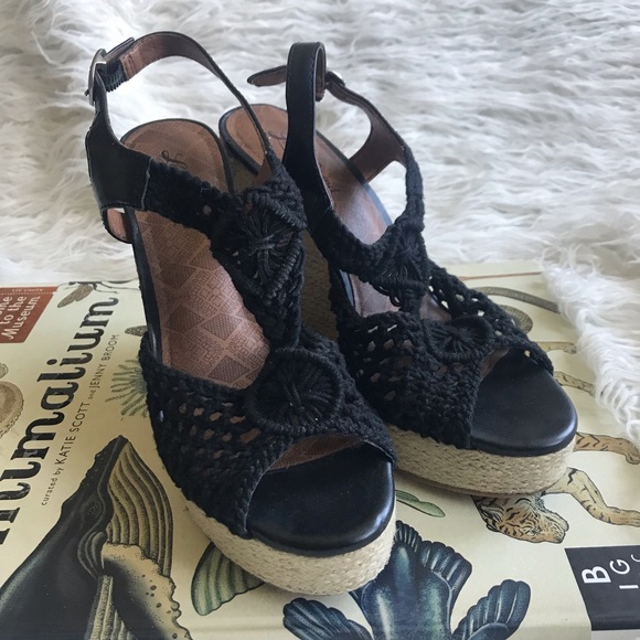 LUCKY BRAND Rilo Macrame Black Sandals Heels Wedge‎ - Picture 1 of 9